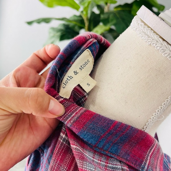 Cloth & Stone Blue Pink Red Plaid Mid Sleeve Raw Hem Button Down Tunic Dress - Picture 5 of 6